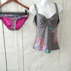Title Nine Tankini Top Bottom S 34D Gray Paisley Floral Swimsuit Swim Underwire